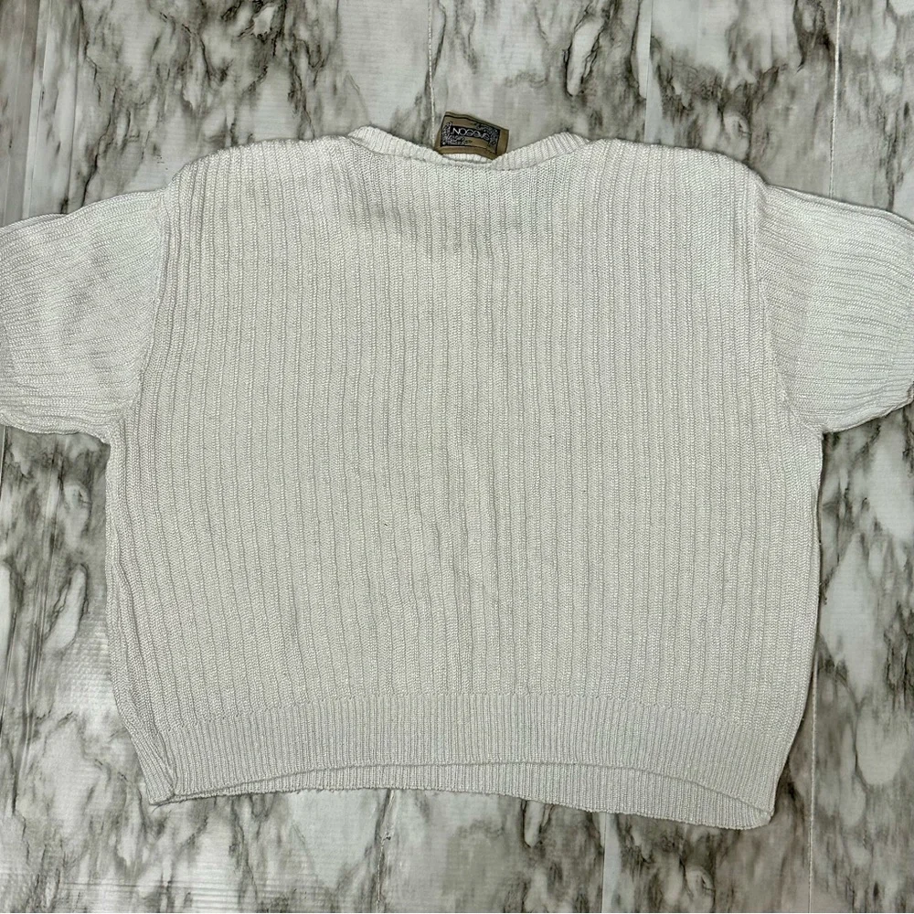Women's White Cable Knit Sweater Vintage 90s Rayon Blend Cropped Short Sleeve